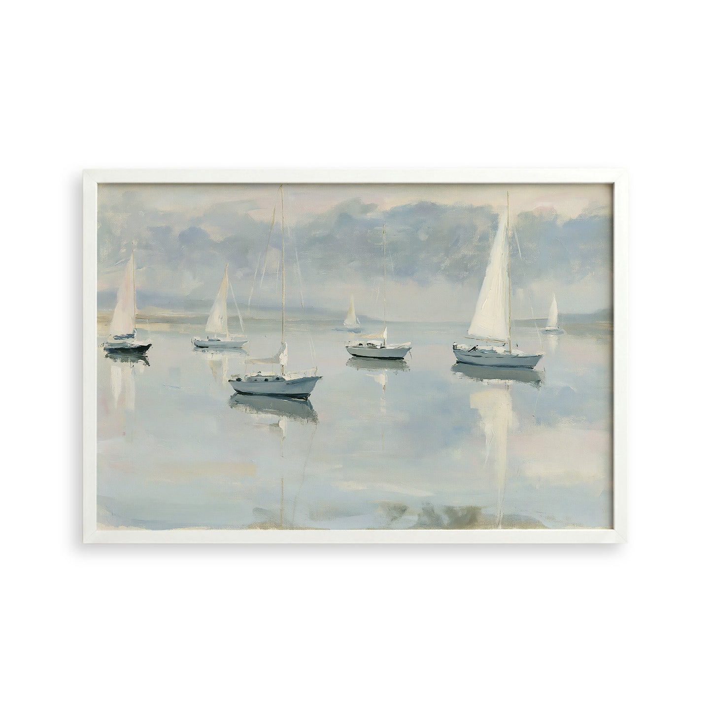 a serene scene of sailboats gently floating on a calm body of water, with a cloudy sky in the background.