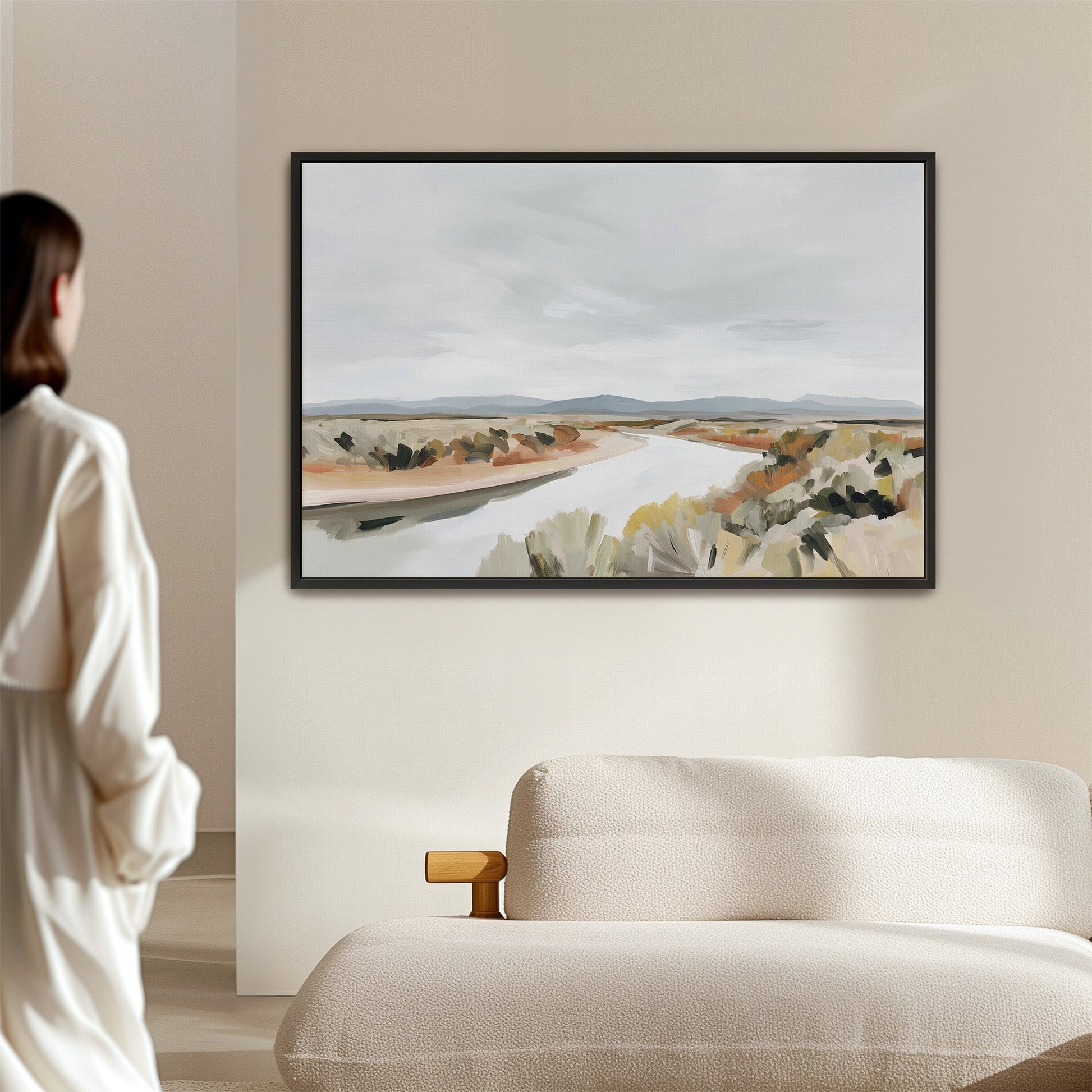 Modern desert landscape Mesa canvas print in black frame hanging in minimalist living room interior