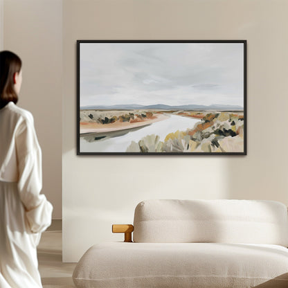 Modern desert landscape Mesa canvas print in black frame hanging in minimalist living room interior