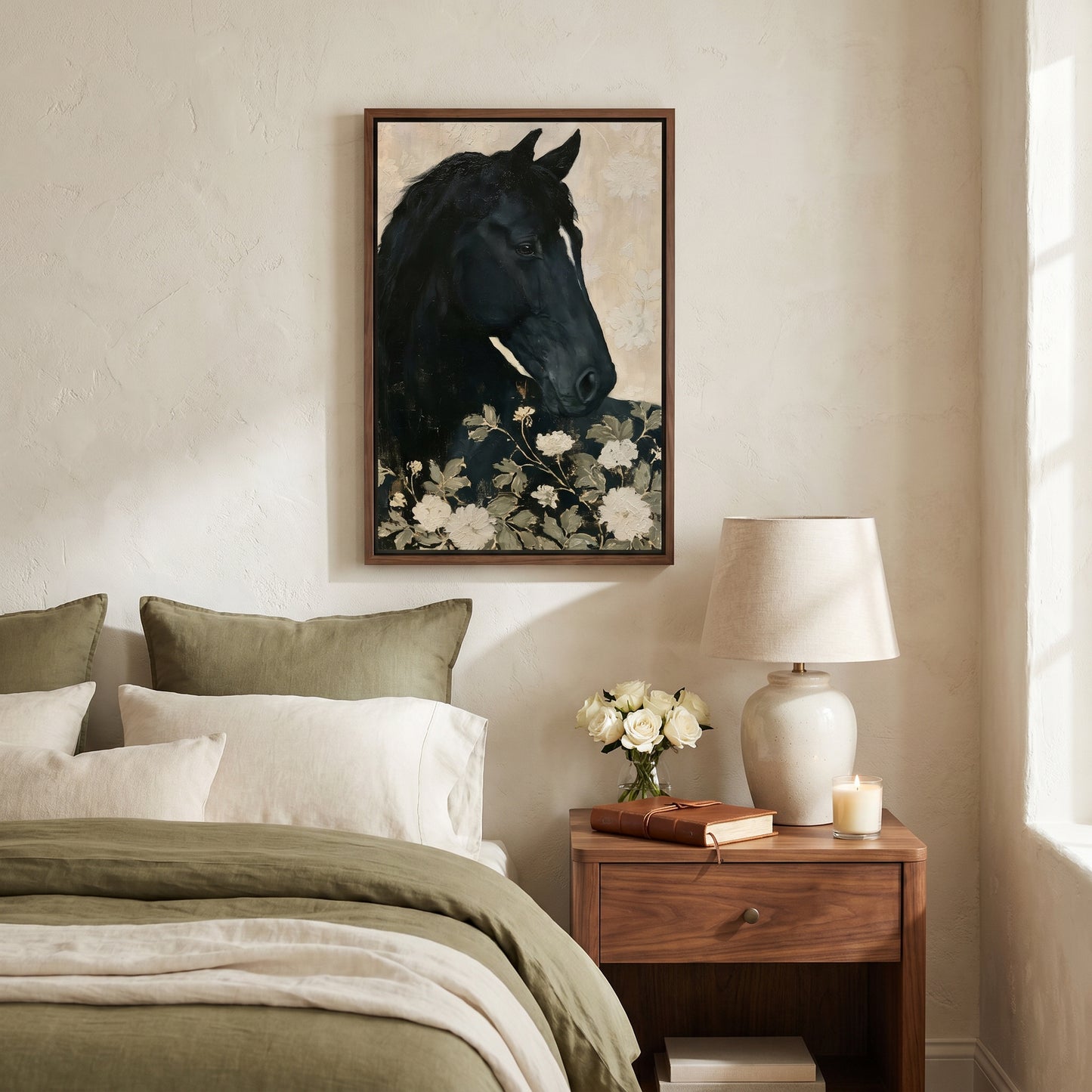 a serene bedroom scene with a large framed painting of a black horse on the wall above a wooden nightstand with a lamp and a vase of white flowers.