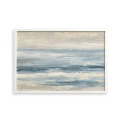 The image is a painting of a serene ocean scene with a cloudy sky above.