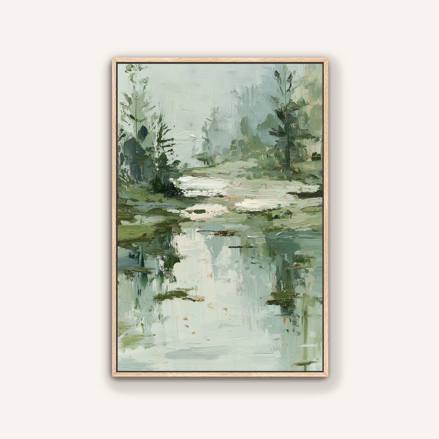 The image is an oil painting depicting a serene landscape with a body of water, trees, and a misty atmosphere.