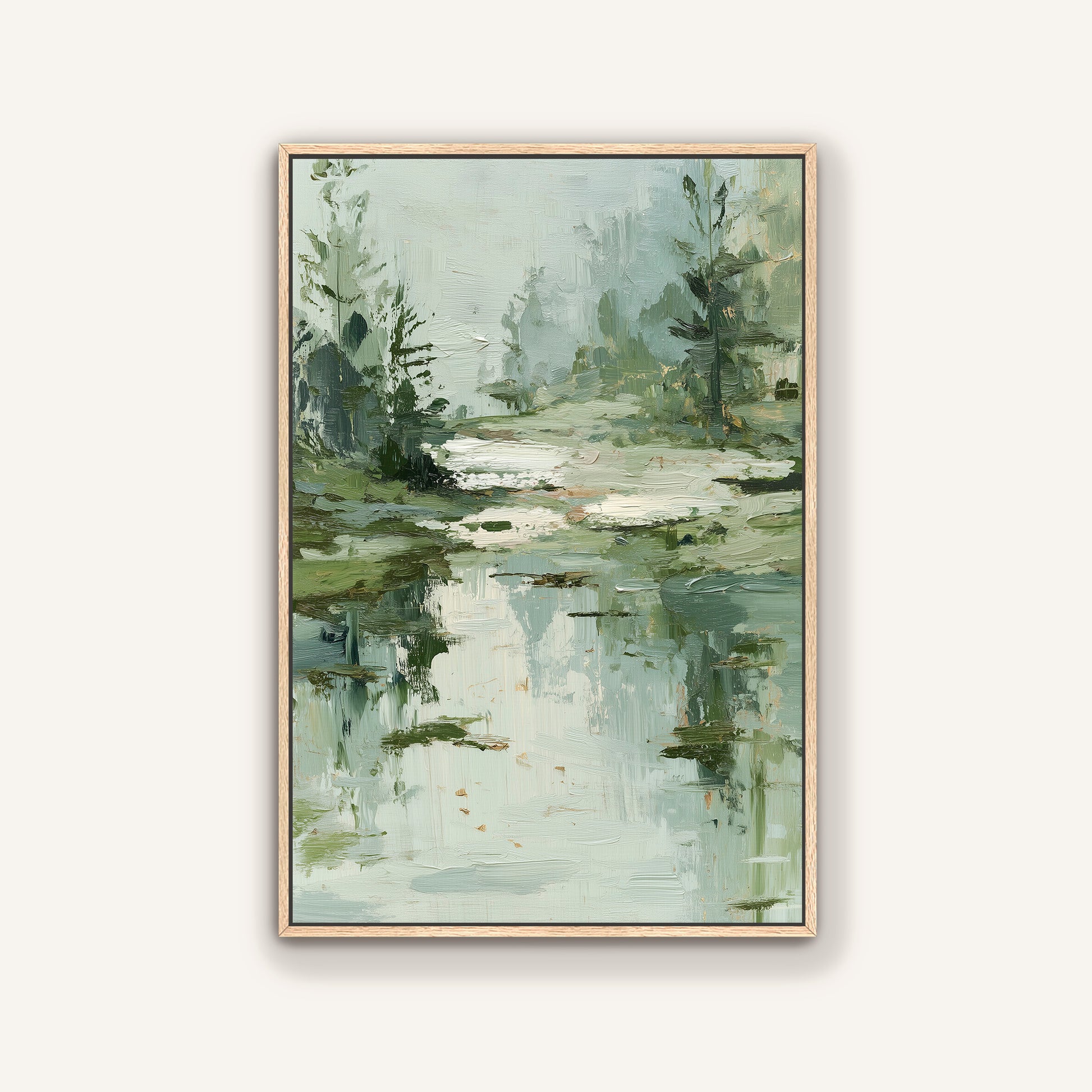 The image is an oil painting depicting a serene landscape with a body of water, trees, and a misty atmosphere.