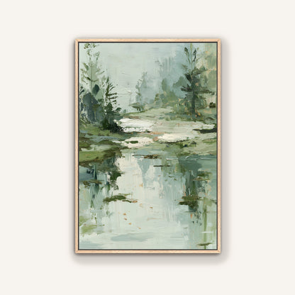 The image is an oil painting depicting a serene landscape with a body of water, trees, and a misty atmosphere.