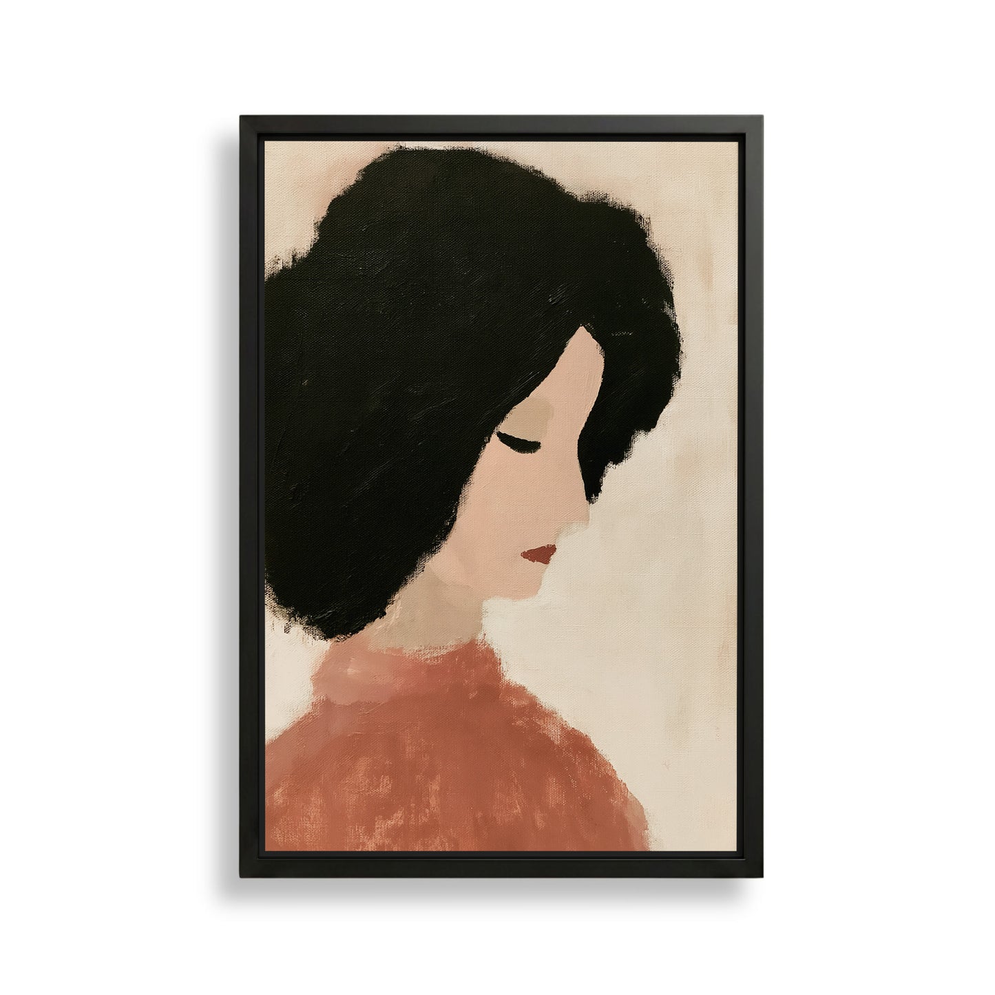 The image is a framed painting depicting a woman with a pensive expression.
