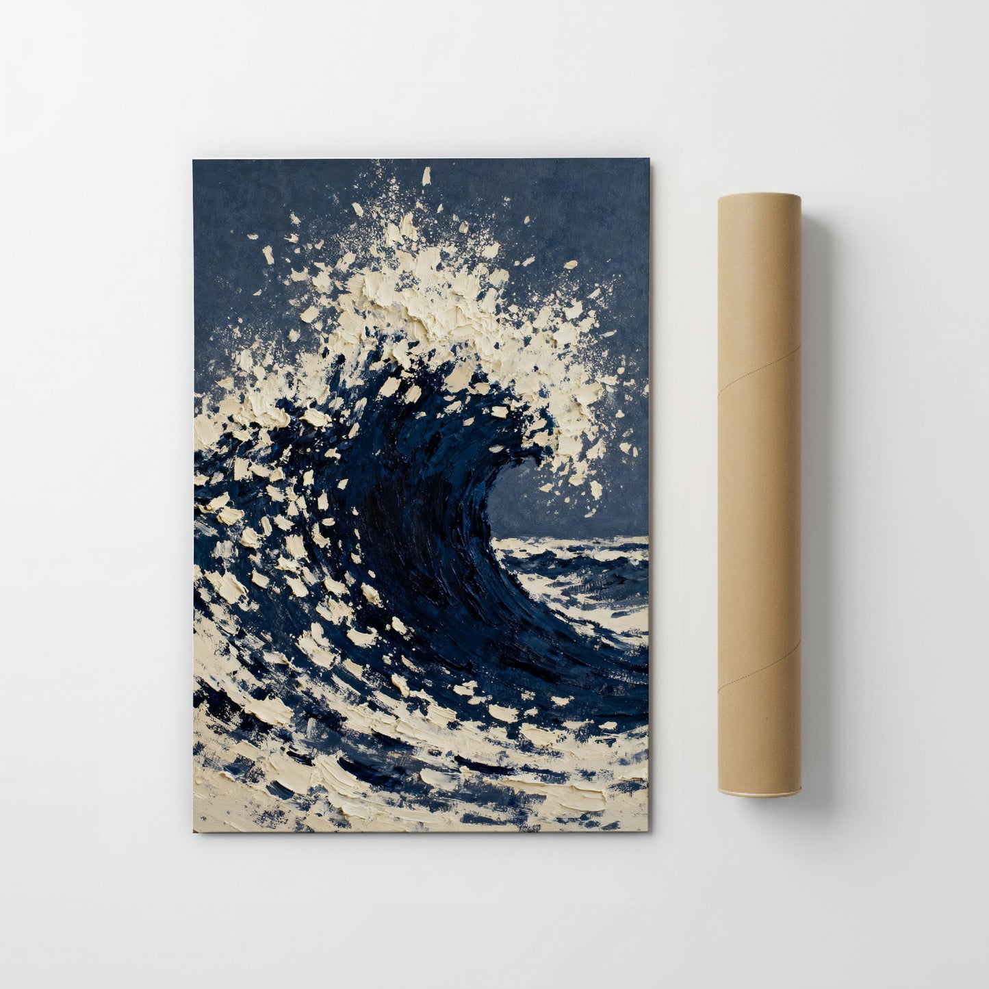 a large, crashing wave with a dark blue background and white foam splashing around it.