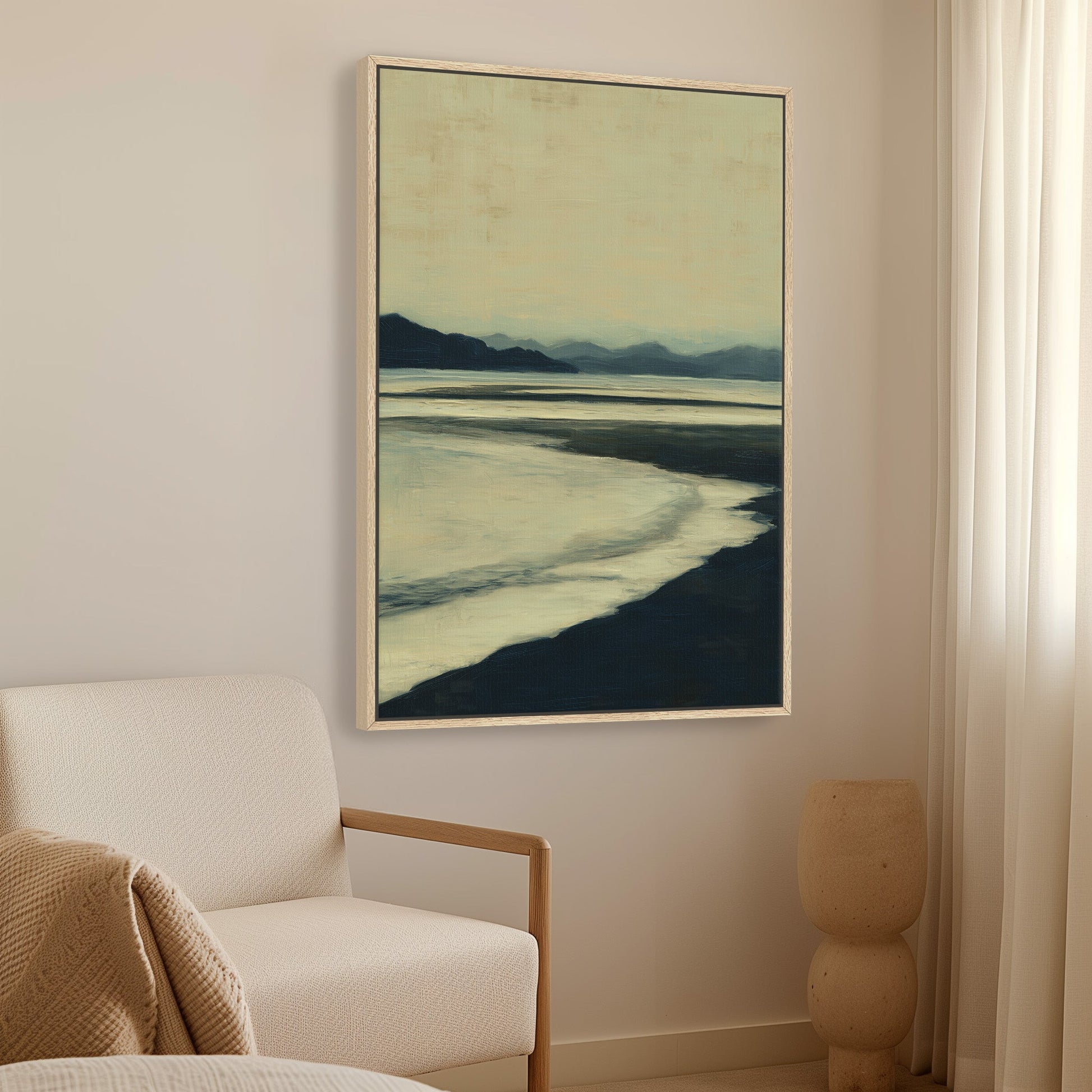Echoes Canvas Print of serene shoreline at dusk in hazy blues and ochre tones, gallery wrapped with natural wood frame in minimalist interior