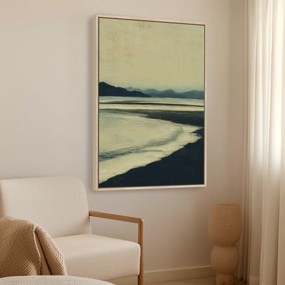 Echoes Canvas Print of serene shoreline at dusk in hazy blues and ochre tones, gallery wrapped with natural wood frame in minimalist interior