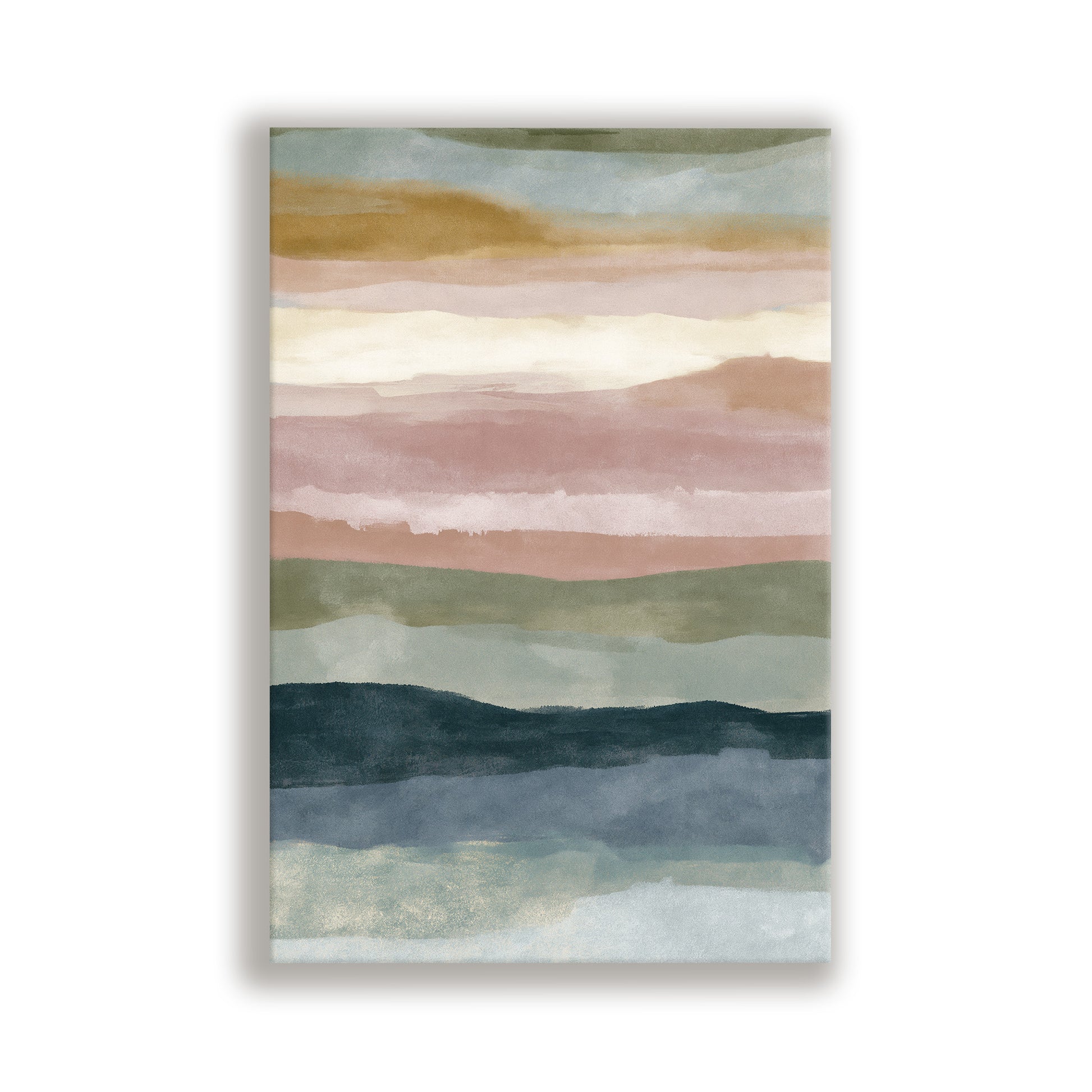 The image is an abstract painting with horizontal stripes in various colors, including shades of green, blue, pink, and orange.