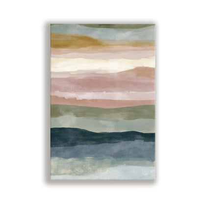 The image is an abstract painting with horizontal stripes in various colors, including shades of green, blue, pink, and orange.