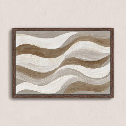 Abstract Flux canvas print with cream, taupe, and clay flowing brushstrokes in a walnut frame