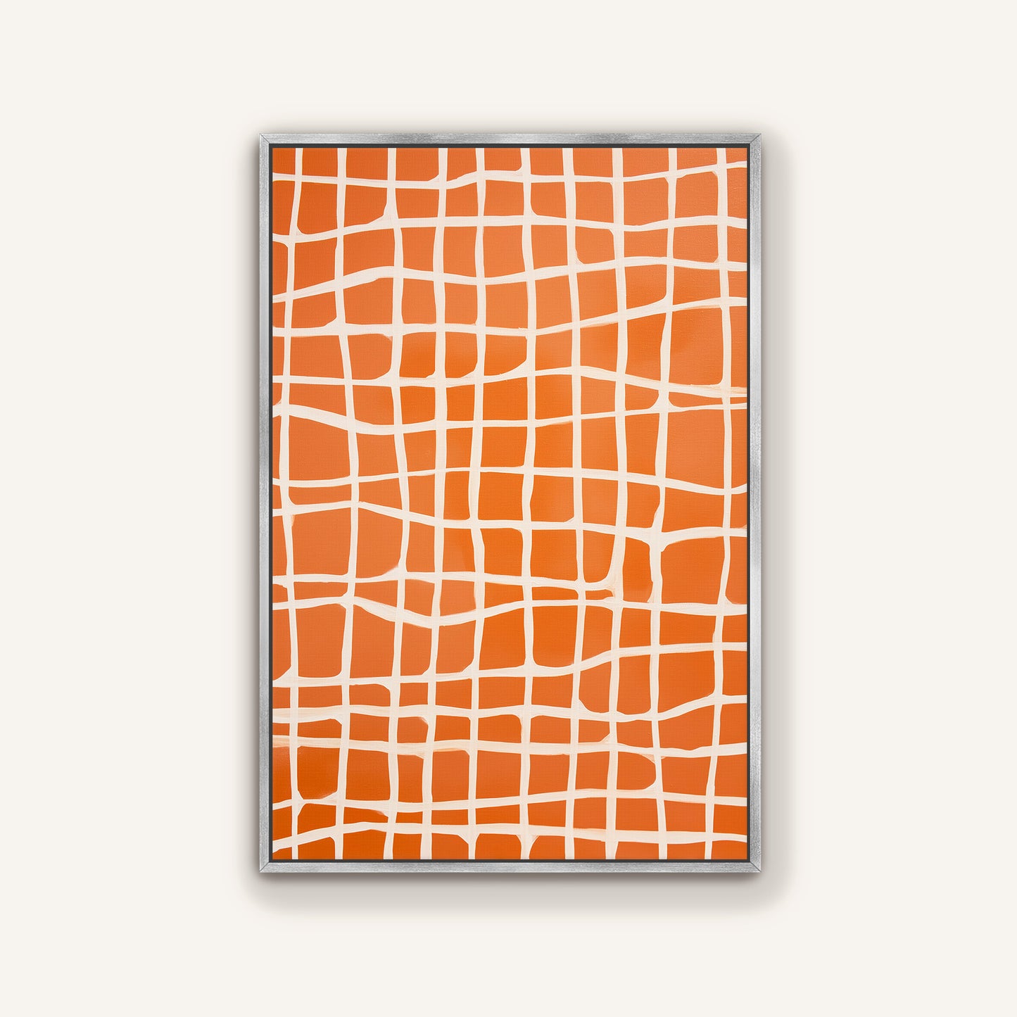a square-shaped frame with a grid-like pattern of orange and white squares.