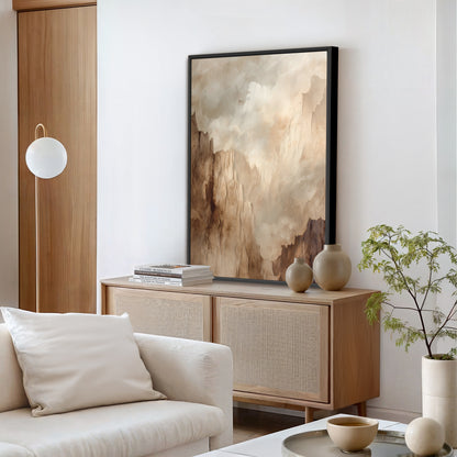 a modern living room with a large abstract painting on the wall, a white sofa, a wooden cabinet, and a potted plant.