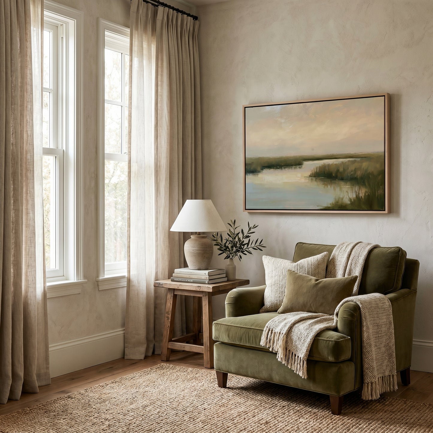 a cozy living room with a large window, a painting of a serene landscape, a wooden side table with a lamp and a plant, and a green armchair with a throw blanket draped over it.