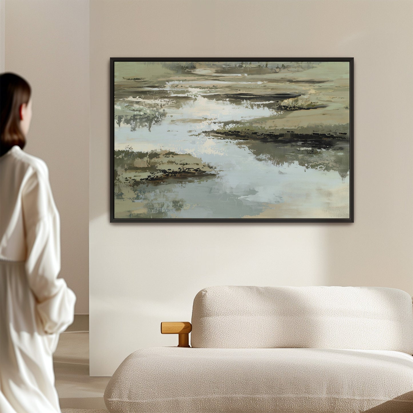 Reed Canvas Print abstract landscape in sage, sand, and ivory tones with black frame in modern living room