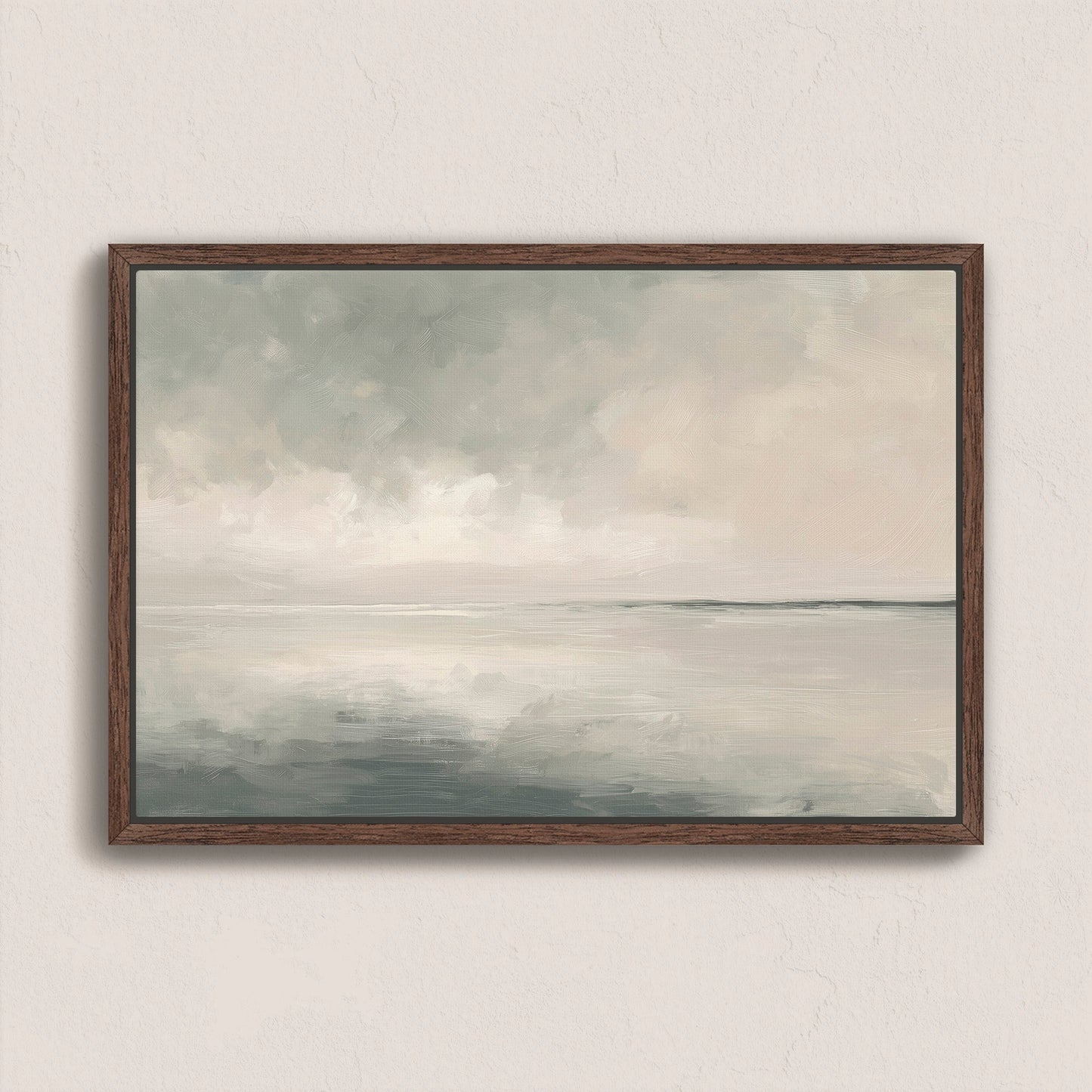 Aure Canvas Print serene sky and sea landscape with neutral tones in wooden frame