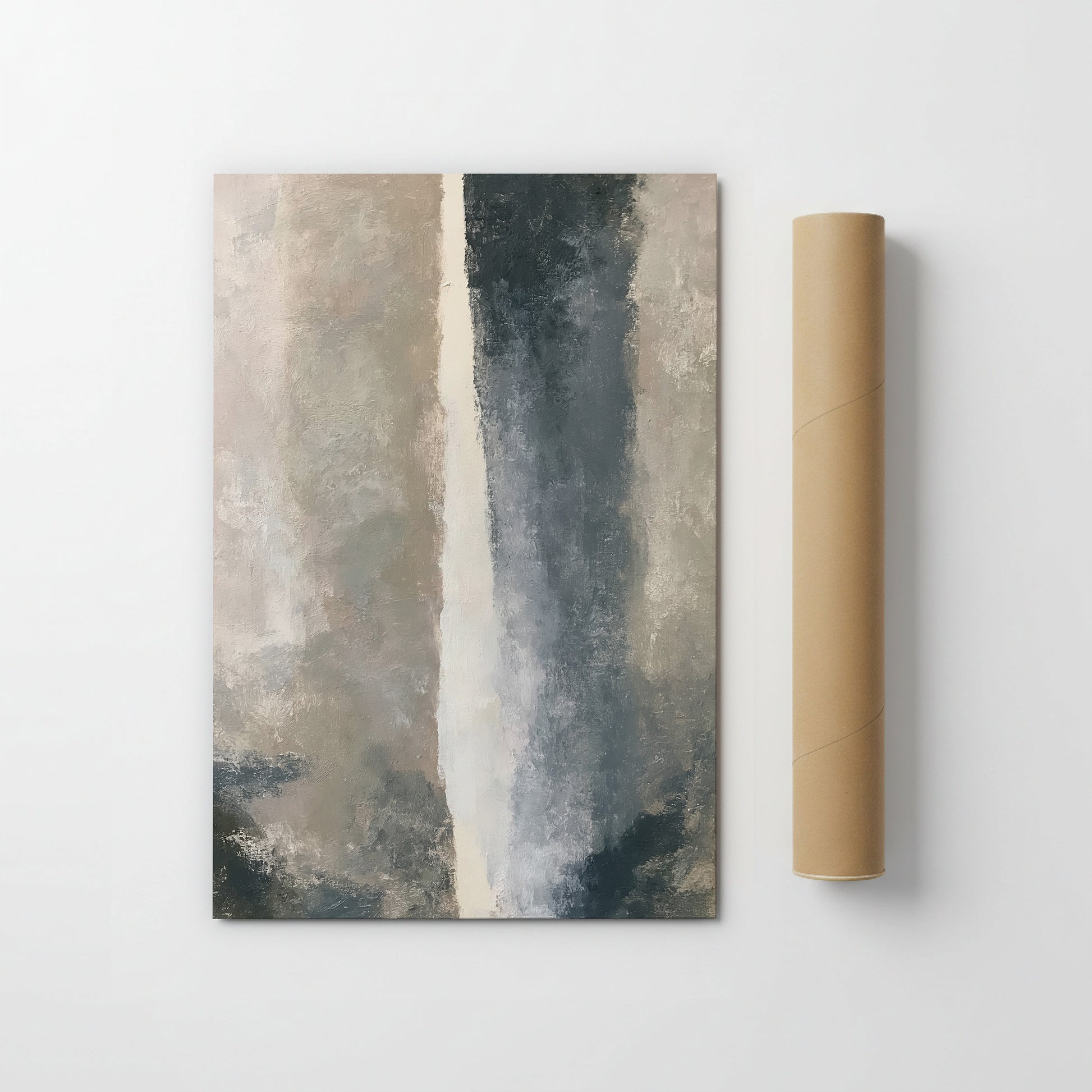 an abstract painting with a vertical line running through it, and a roll of paper or cardboard next to it.