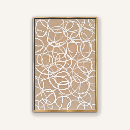a large abstract painting with a repeating pattern of white circles and lines on a beige background.