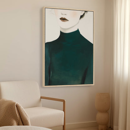 Poise Canvas Print featuring faceless figure in deep emerald turtleneck, modern minimalist wall art in neutral room