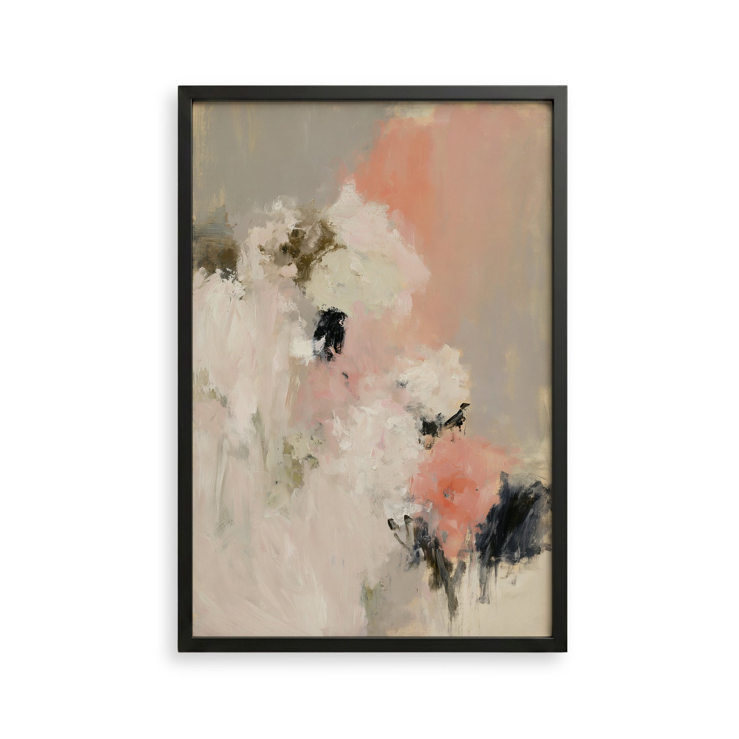 The image is an abstract painting with a predominantly pink and white color palette, featuring a mix of brushstrokes and textures.