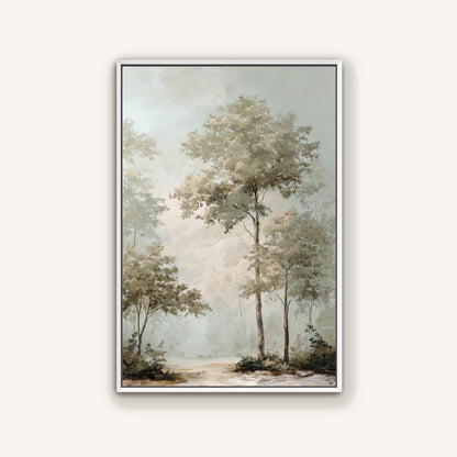 a serene forest scene with tall trees and a winding path leading through the lush greenery.