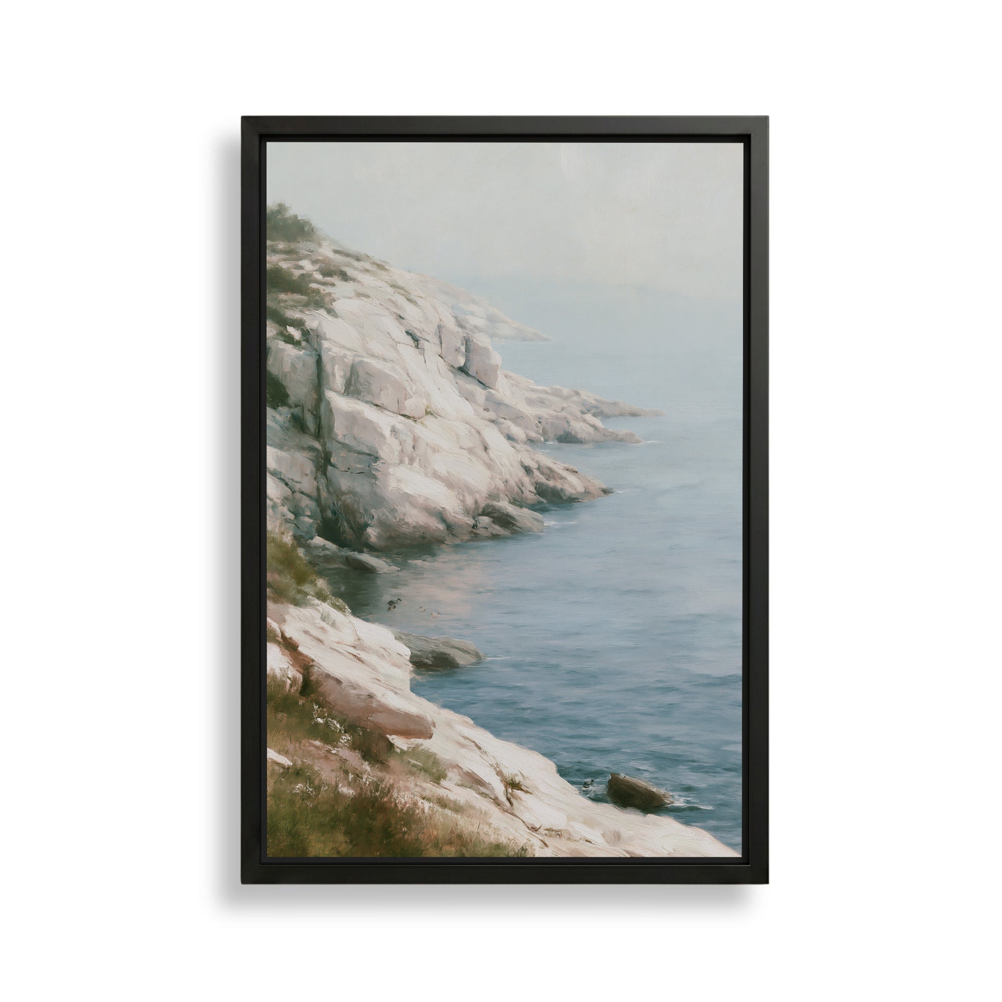 a rocky coastline with a calm, blue ocean in the background.
