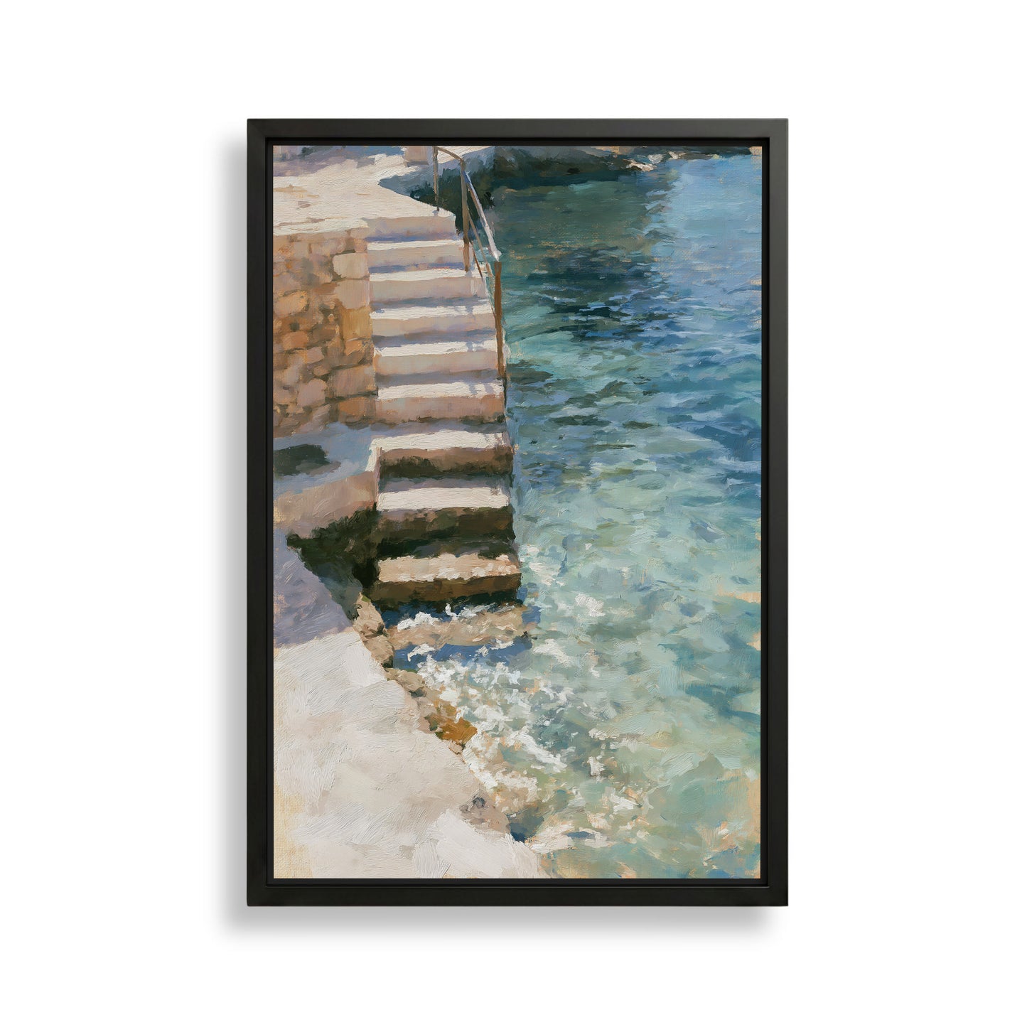 a set of stairs leading down to a body of water, with the water appearing to be clear and calm.