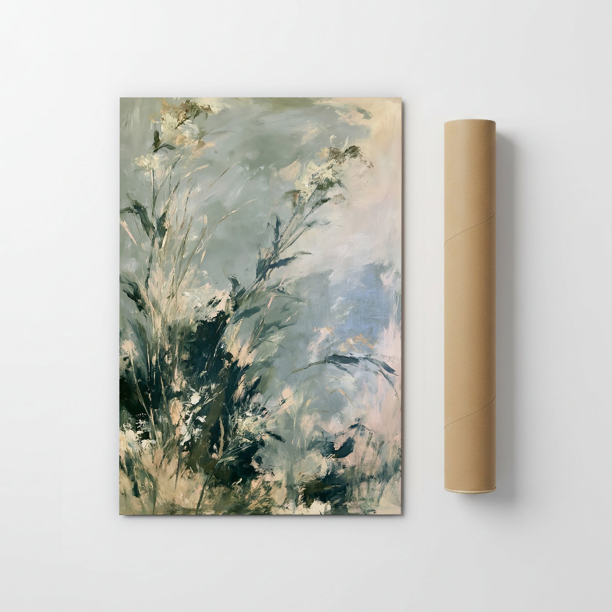 a painting of a lush, green landscape with tall grass and foliage, displayed on a white wall next to a roll of paper.
