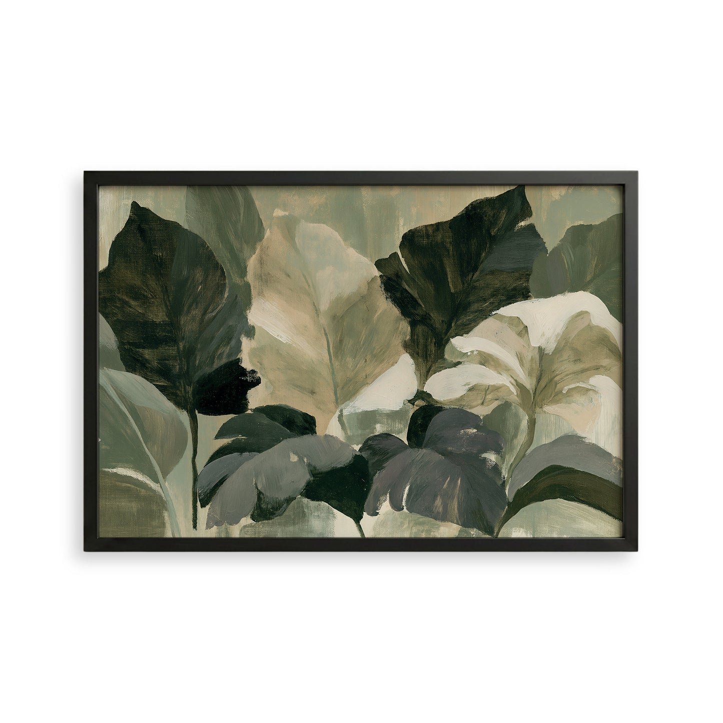 The image is a framed painting depicting a lush, green plant with large leaves, creating a sense of depth and texture.