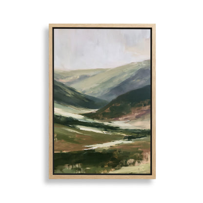 The image is a landscape painting depicting a mountainous, hilly terrain with a mix of green, brown, and gray colors.