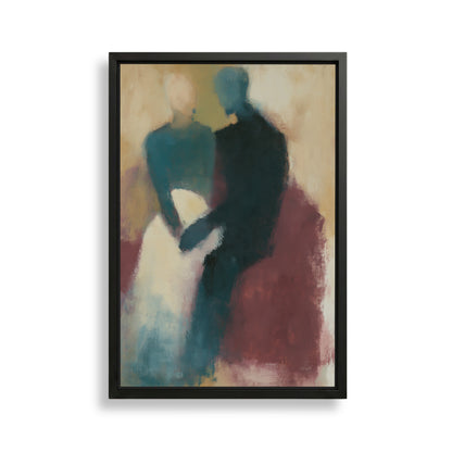 The image is an abstract painting featuring two figures, one in a blue dress and the other in a black suit, sitting together in a relaxed pose.