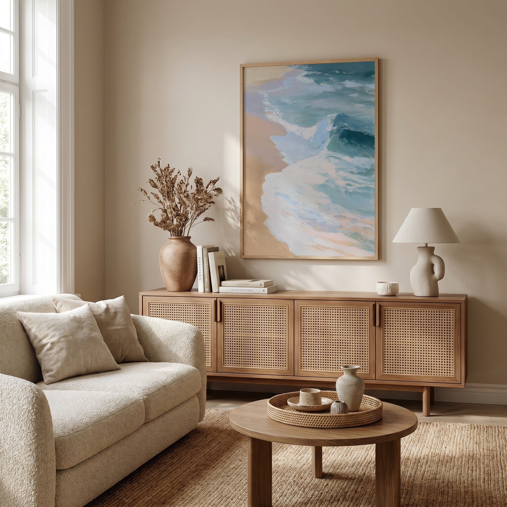 a cozy living room with a beige sofa, a wooden sideboard, and a large framed artwork of a beach scene hanging on the wall.