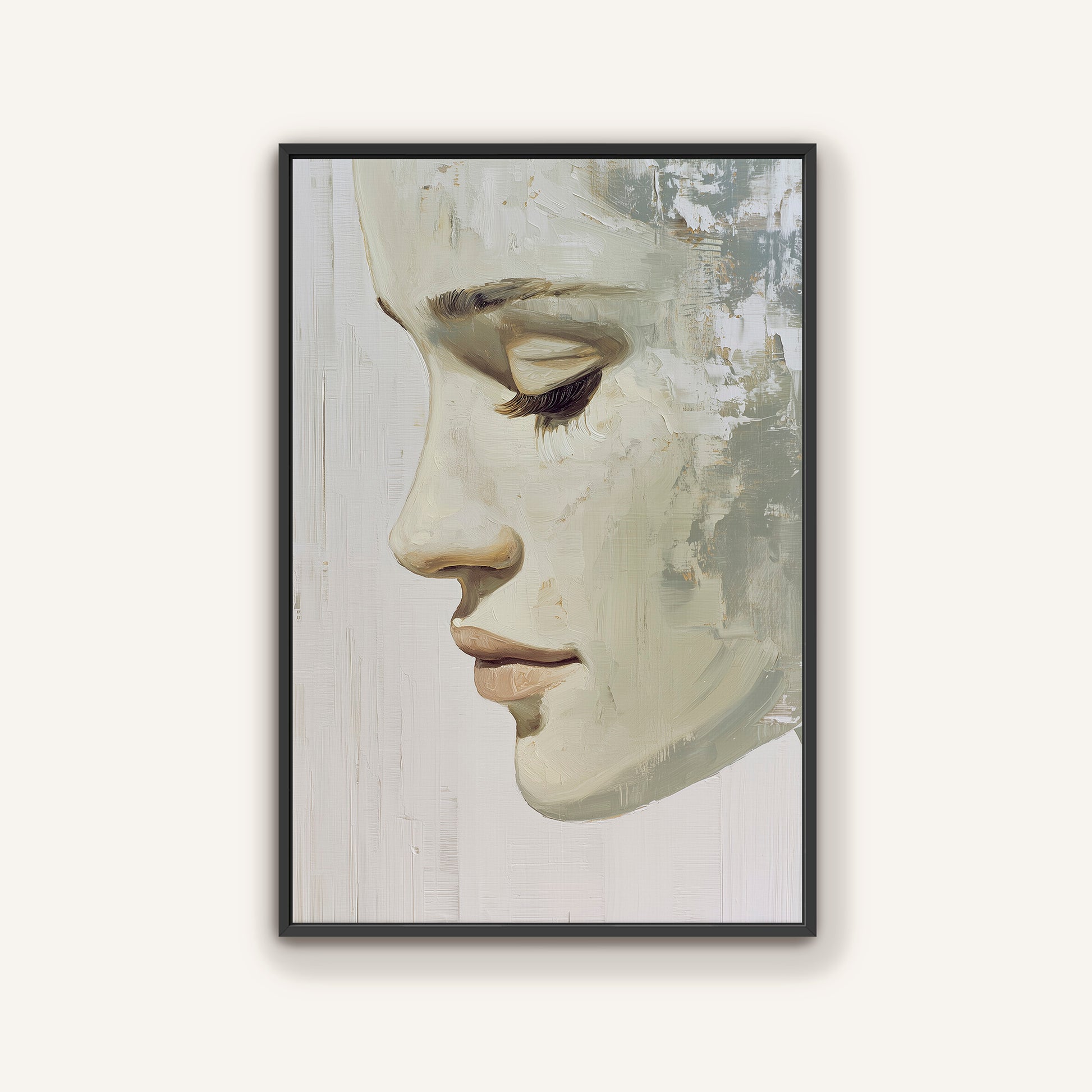 The image is a framed painting depicting a close-up of a woman's face, with a neutral color palette and a minimalist style.