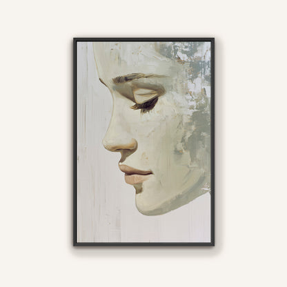 The image is a framed painting depicting a close-up of a woman's face, with a neutral color palette and a minimalist style.