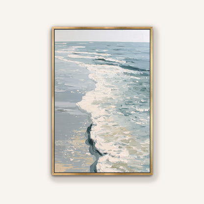 The image is a framed painting depicting a serene ocean scene with waves gently lapping against the shore.