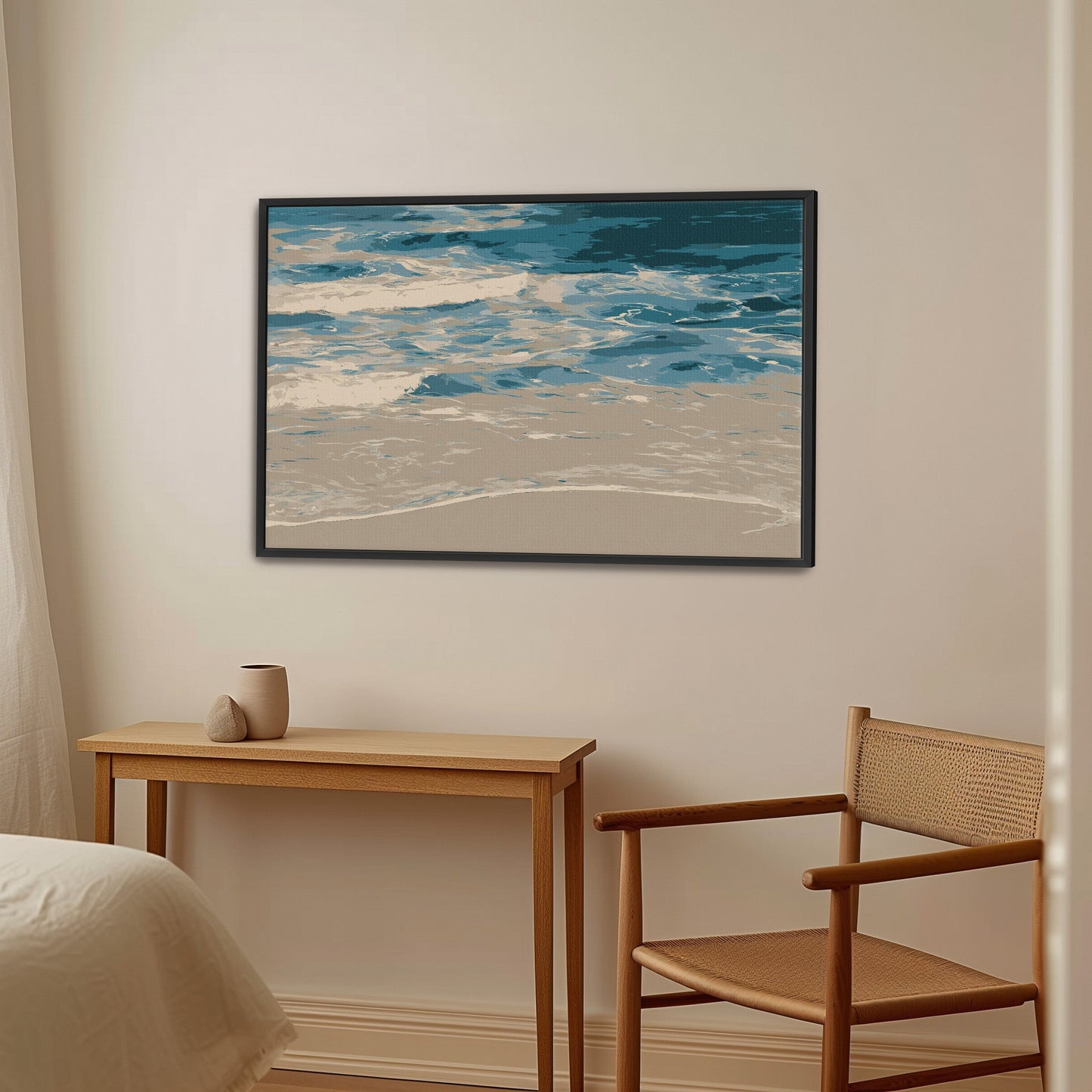 Marin Canvas Print featuring abstract shoreline in blues and neutrals in modern framed wall art above wooden desk and chair