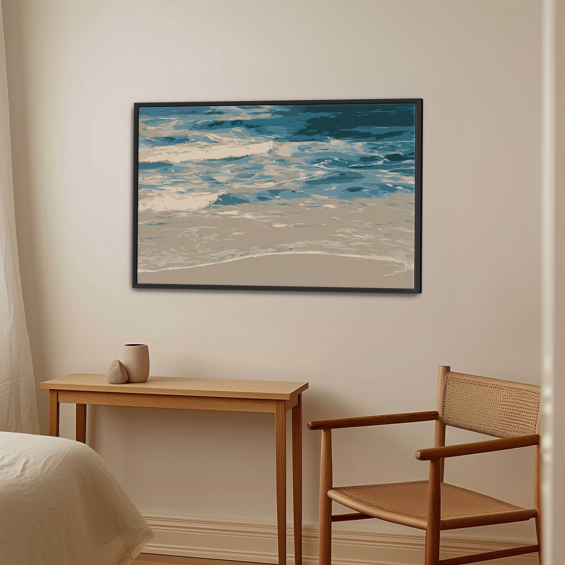 Marin Canvas Print featuring abstract shoreline in blues and neutrals in modern framed wall art above wooden desk and chair