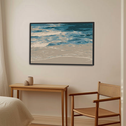 Marin Canvas Print featuring abstract shoreline in blues and neutrals in modern framed wall art above wooden desk and chair