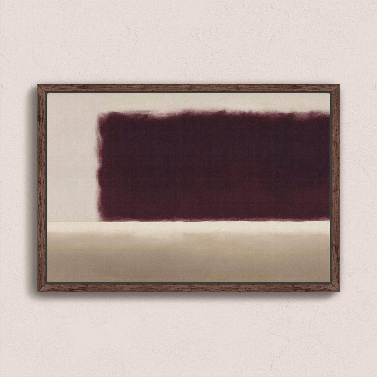 Threshold canvas wall art with deep burgundy and soft ivory abstract design in a walnut floating frame