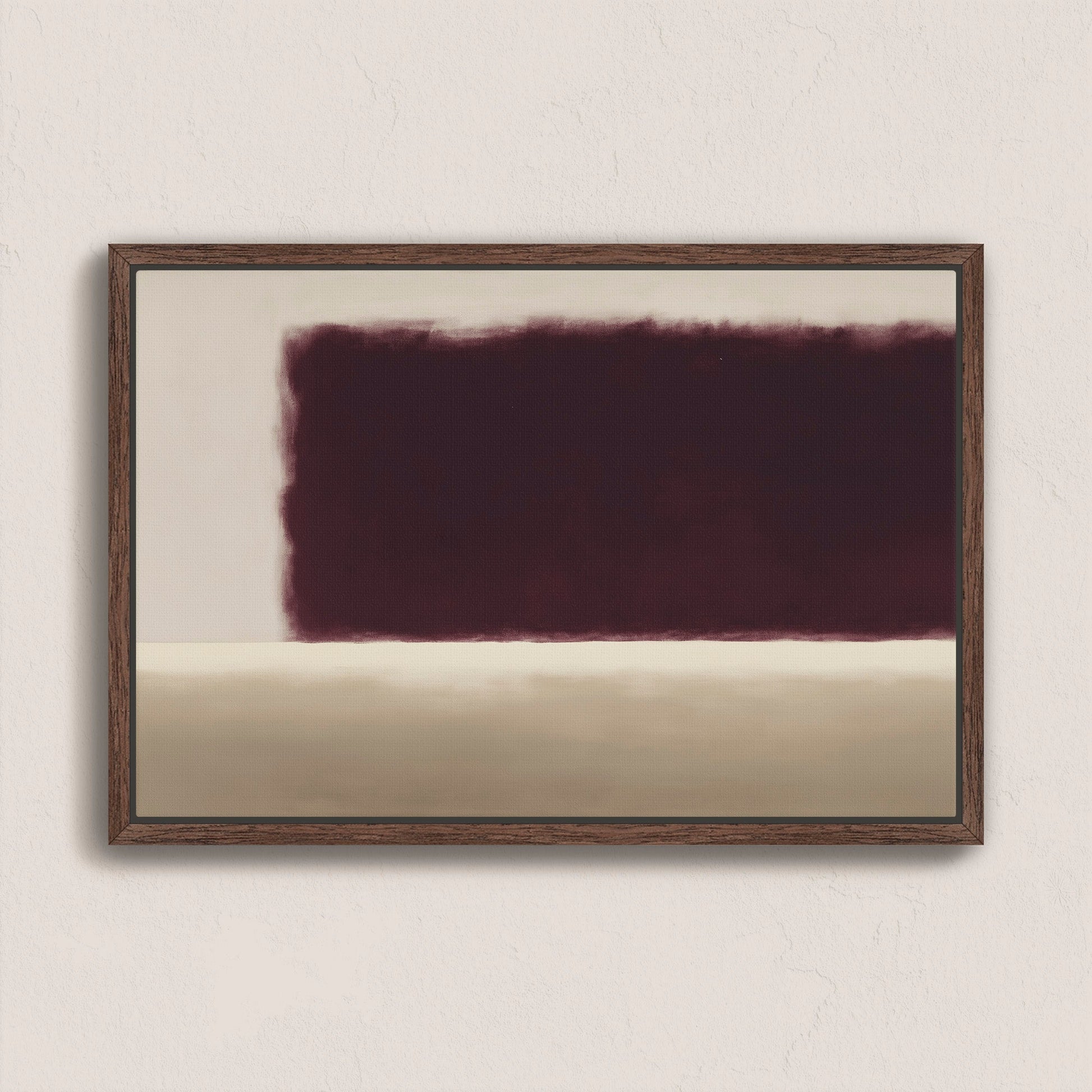 Threshold canvas wall art with deep burgundy and soft ivory abstract design in a walnut floating frame