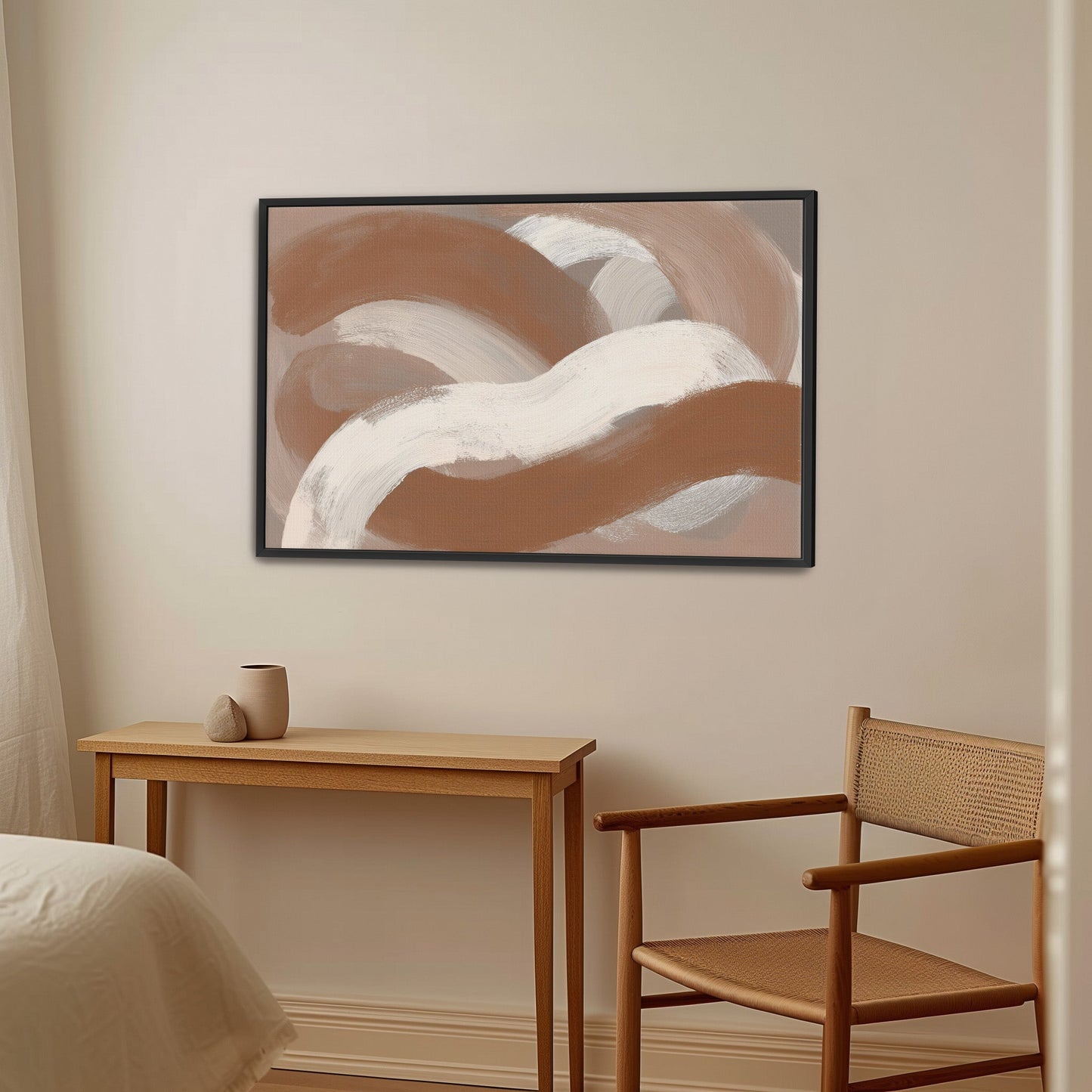 Abstract Current Canvas Print with taupe, ivory, and sienna brushstrokes in modern minimalist room