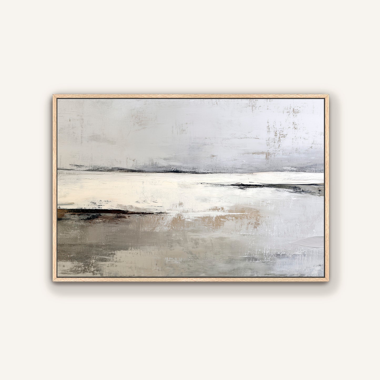 The image is a painting depicting a serene landscape with a calm body of water and a hazy sky.