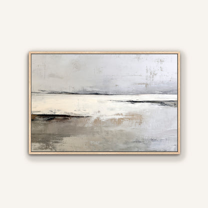 The image is a painting depicting a serene landscape with a calm body of water and a hazy sky.