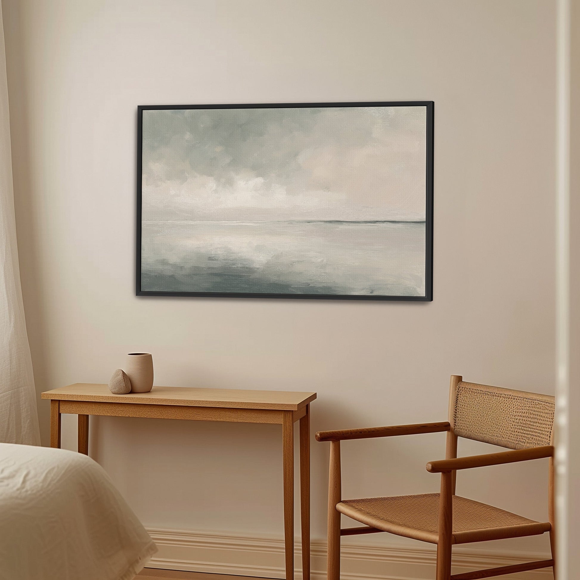 Aure Cavas Print framed abstract sea and sky landscape with neutral tones in modern room setting