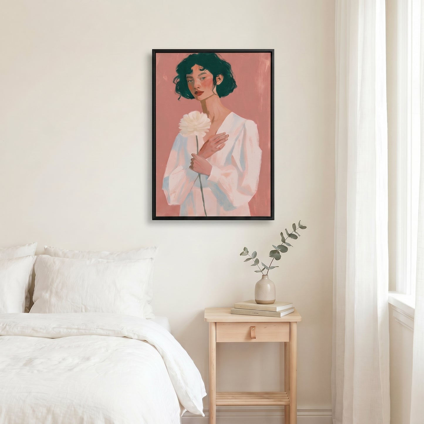 a bedroom setting with a framed painting of a woman holding a flower, a bed with white bedding, and a small wooden nightstand with a vase of greenery.