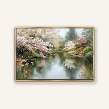 A framed painting depicting a serene landscape with a calm lake surrounded by blooming trees and lush greenery.