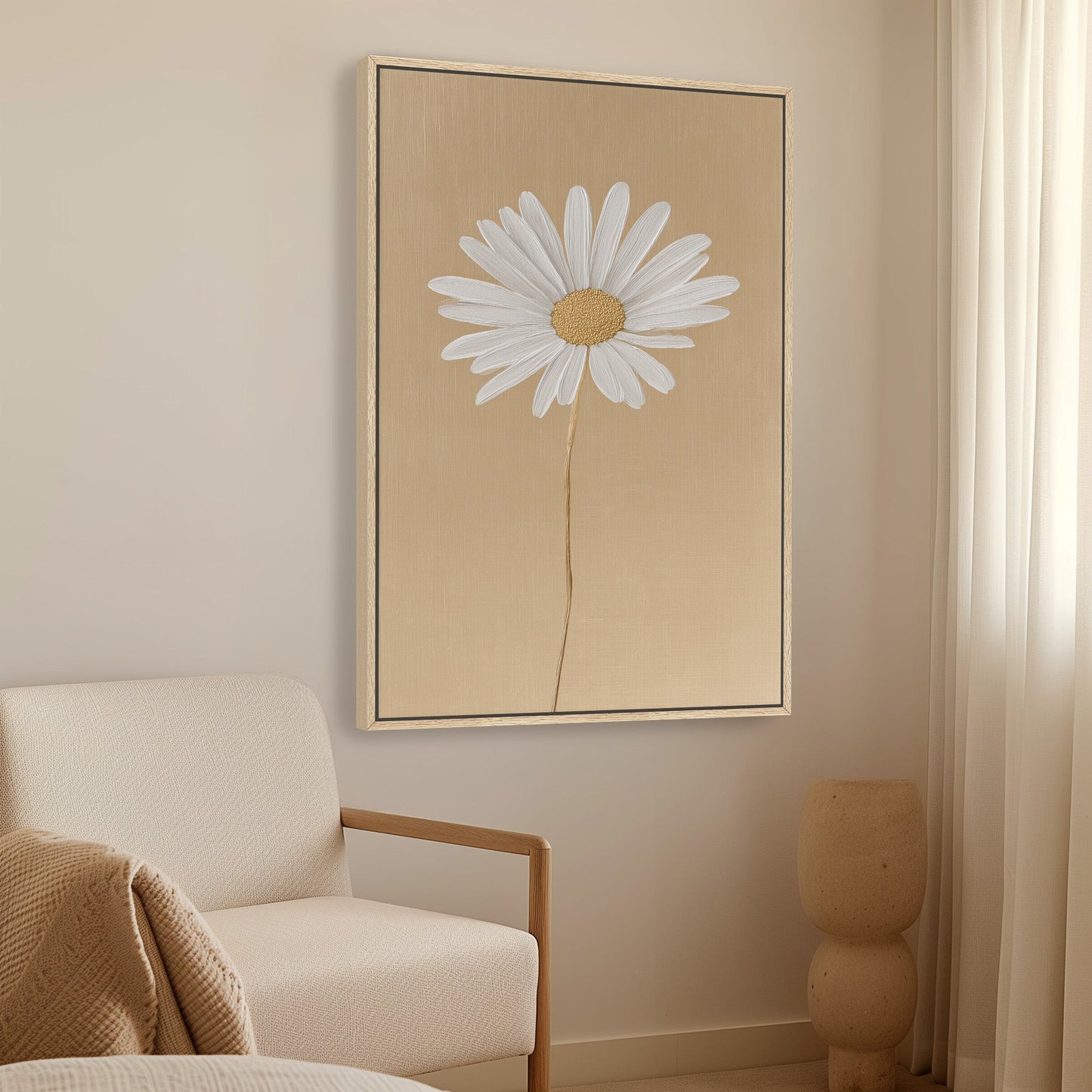 'Bloom' canvas print featuring a white daisy on a golden-beige background in a minimalist room setting