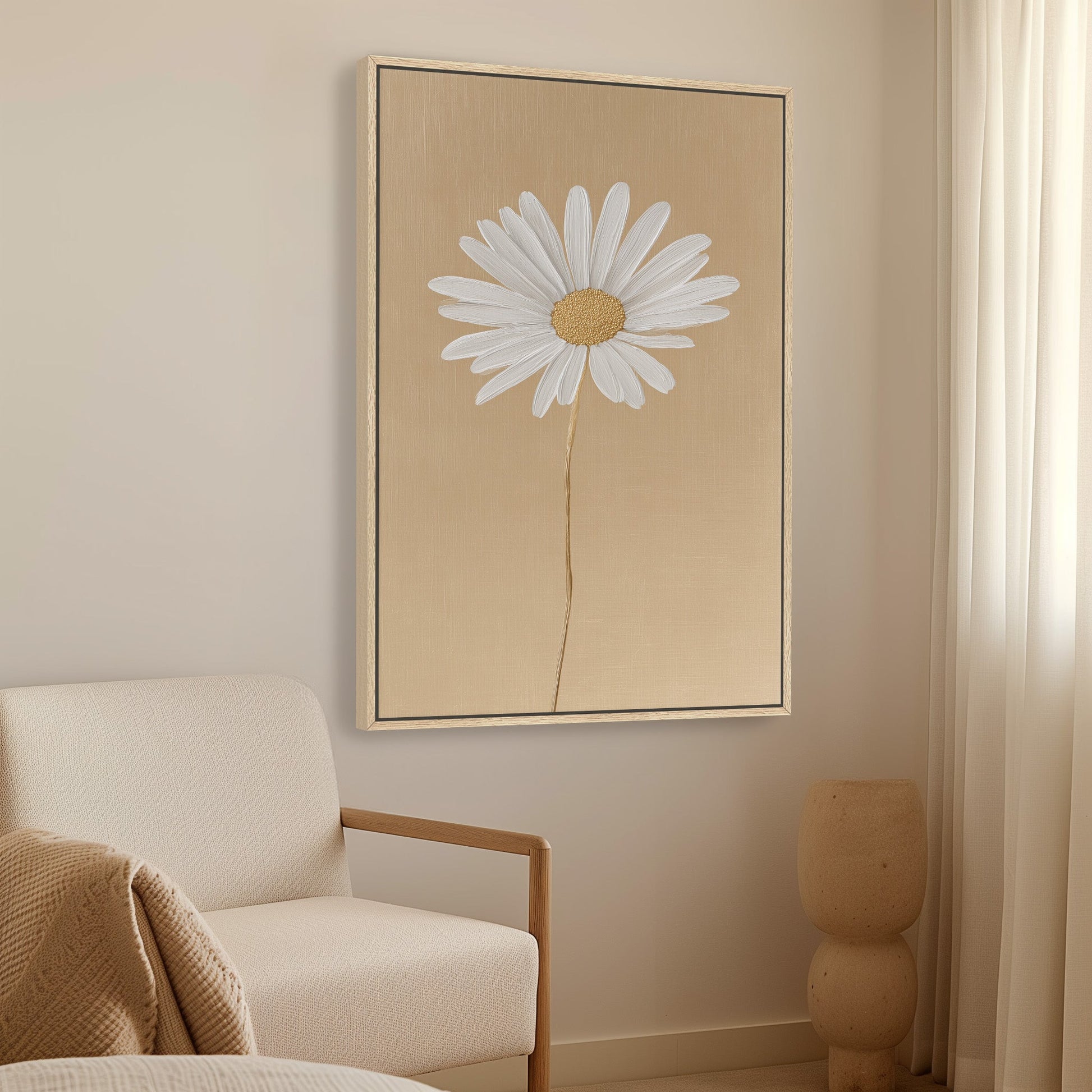 'Bloom' canvas print featuring a white daisy on a golden-beige background in a minimalist room setting