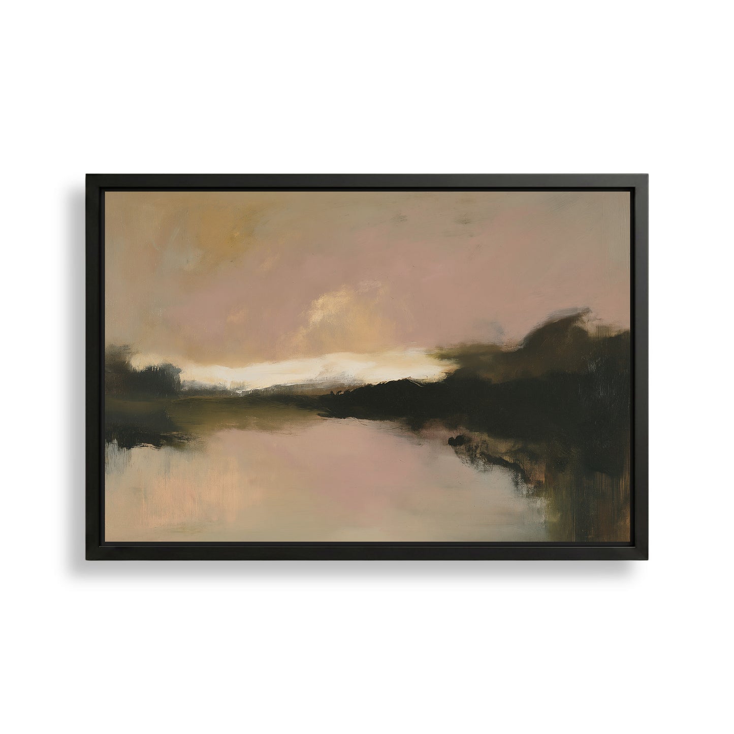 The image is an abstract landscape painting featuring a serene scene of a body of water with a cloudy sky in the background.