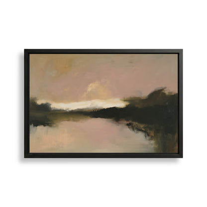 The image is an abstract landscape painting featuring a serene scene of a body of water with a cloudy sky in the background.